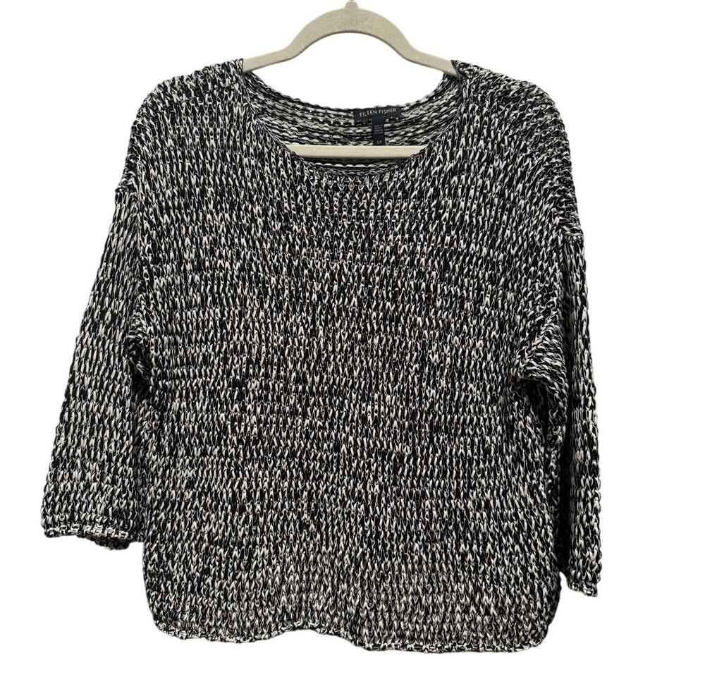 Eileen Fisher Sweater Women's Small Black White Open Knit Organic Cotton